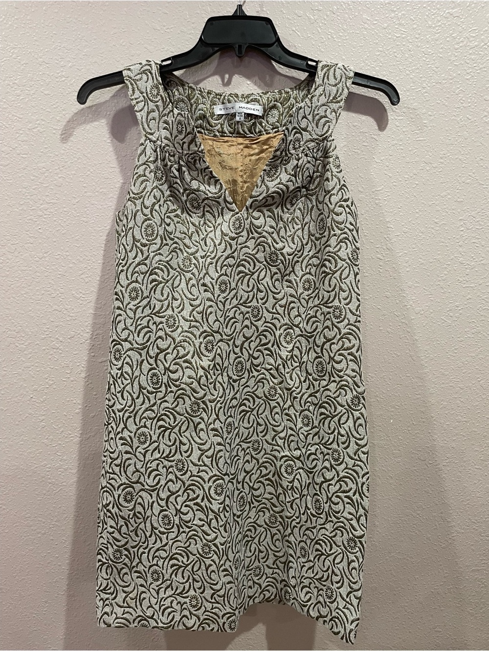Steve Madden Metallic Jacquard V-Neck Dress in Olive and Gold